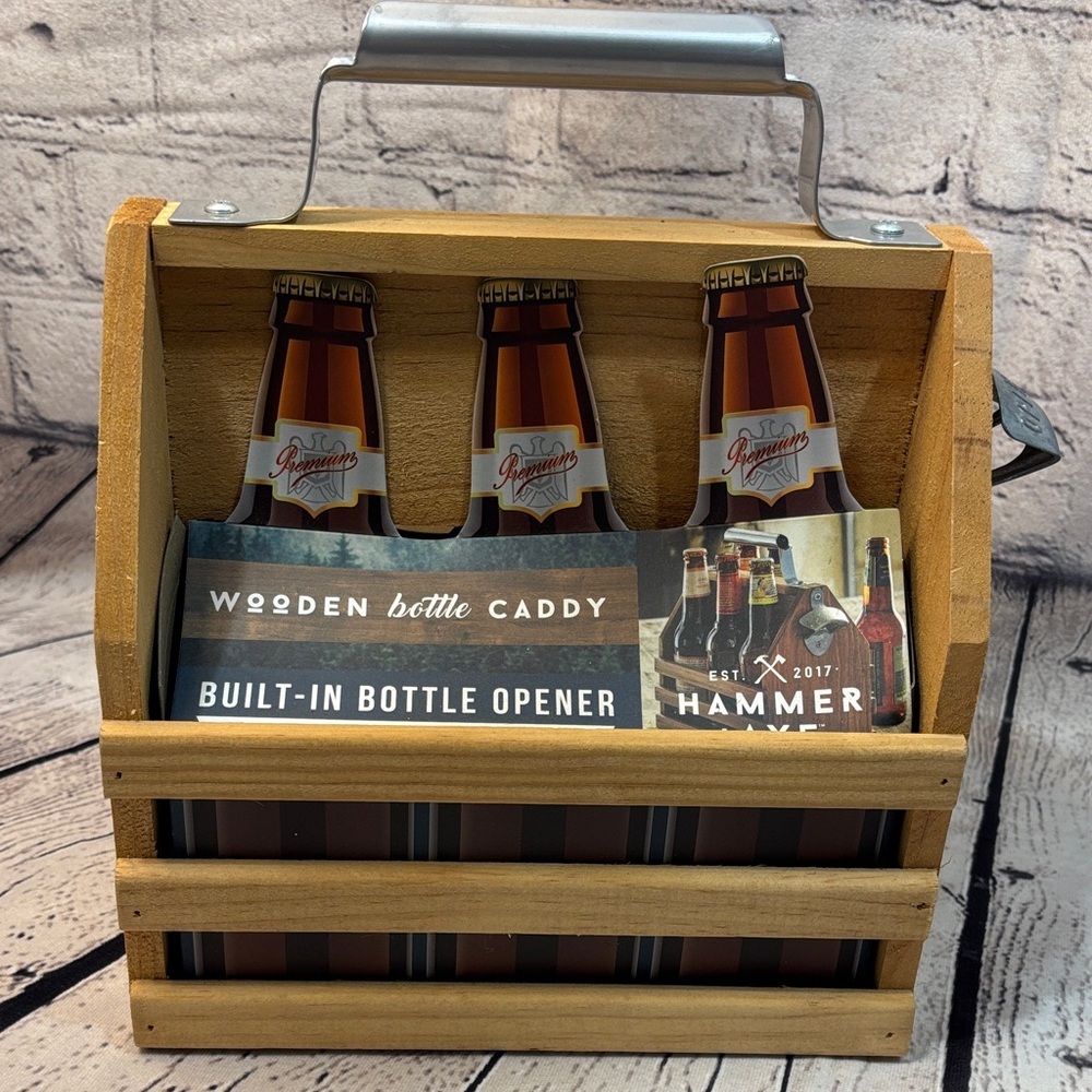 Wooden Bottle Caddy with Built-In Opener - Brown